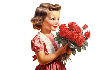 little girl smelling red rose bouquet vintage illustration isolated on a transparent background, generative ai