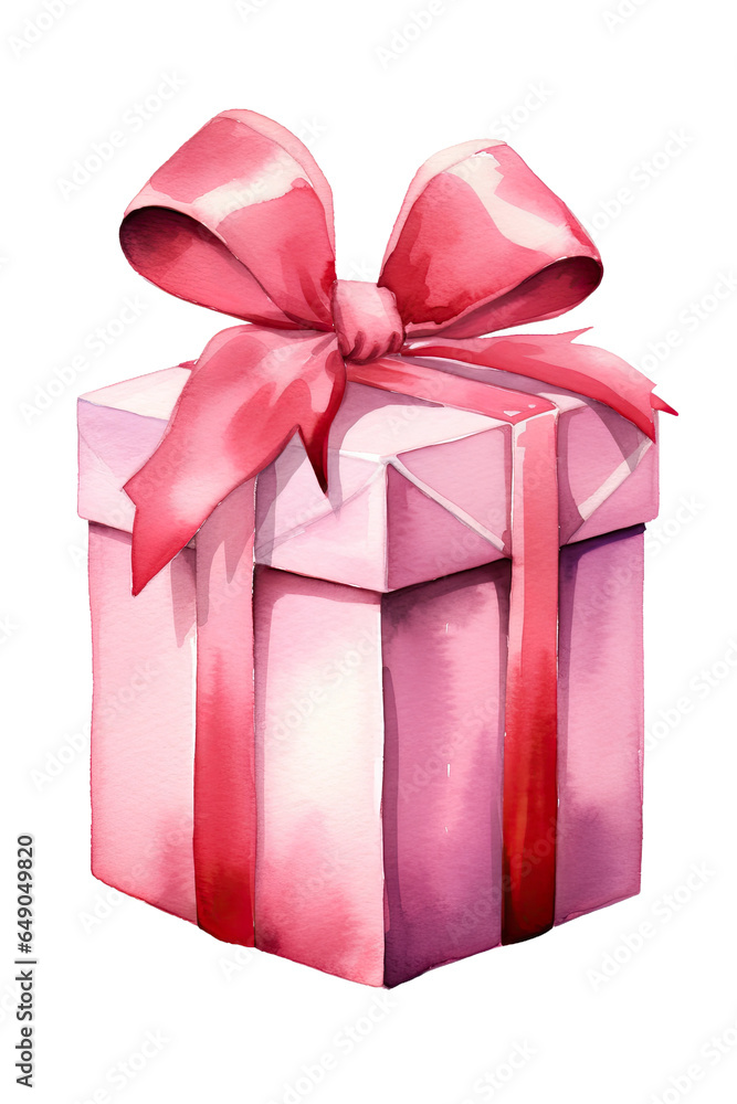 Wall mural pink gift box wrapped with a red ribbon vintage illustration isolated on a transparent background, generative ai