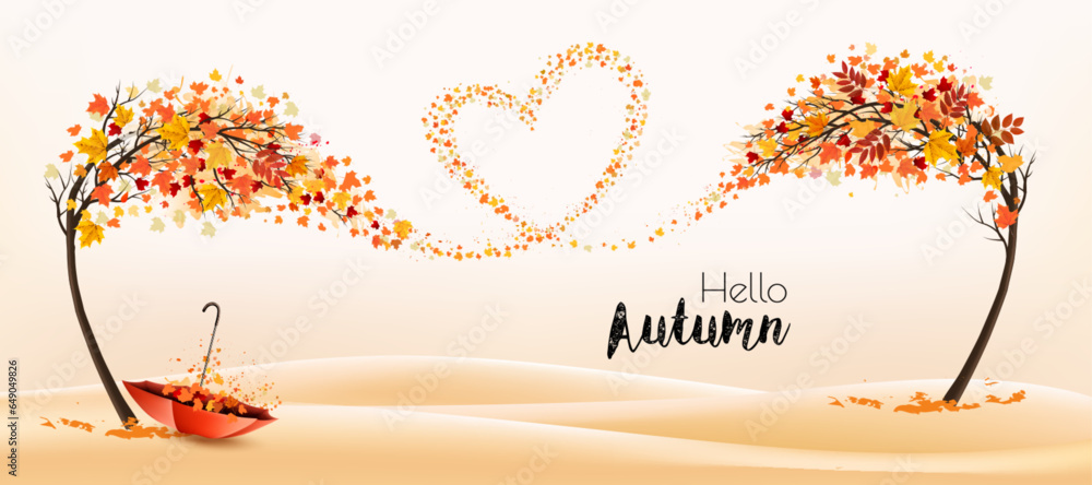 Aufkleber autumn natural background with trees and flying colorful leaves gathered in the form of a heart. vec