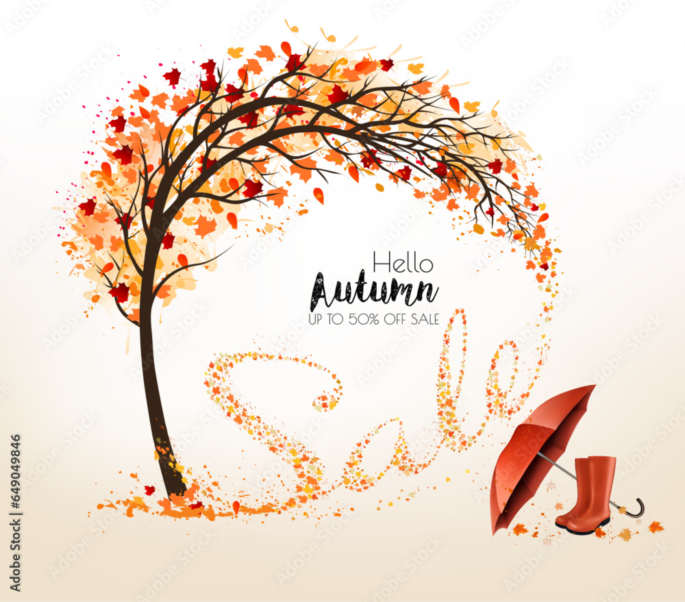 Poster autumn natural background with tree and falling colourful leaves gathered in the shape of the word s
