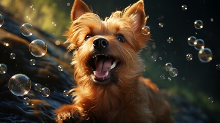 A playful Norwich Terrier catching bubbles in mid-air, creating a whimsical scene.