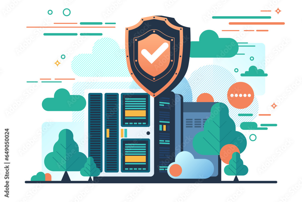 Poster Database security, phishing, hacker attack, data server web concept. Cyber security. Personal data protection. Server room racks. Cloud storage technology, database. Vector illustration