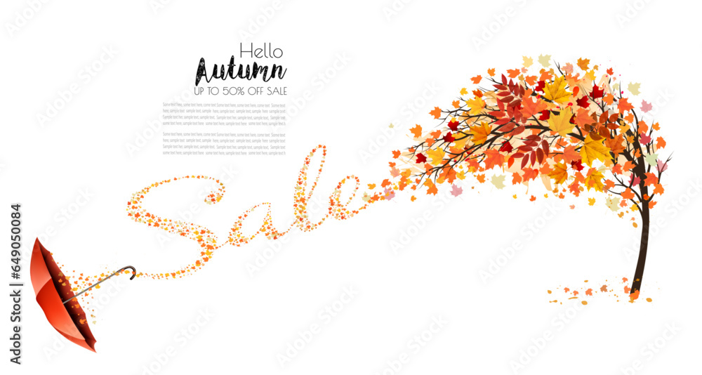 Poster autumn natural background with tree and falling colourful leaves gathered in the shape of the word s