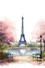 Fototapeta na wymiar romantic paris cityscape with eiffel tower vintage illustration isolated on a transparent background, generative ai