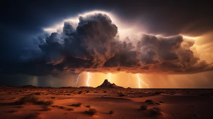 Rolgordijnen Desert thunderstorm, lightning striking the sand, dramatic clouds rolling in, capturing the rare moment water touches the arid land © Marco Attano