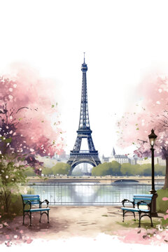 romantic paris cityscape with eiffel tower vintage illustration isolated on a transparent background, generative ai