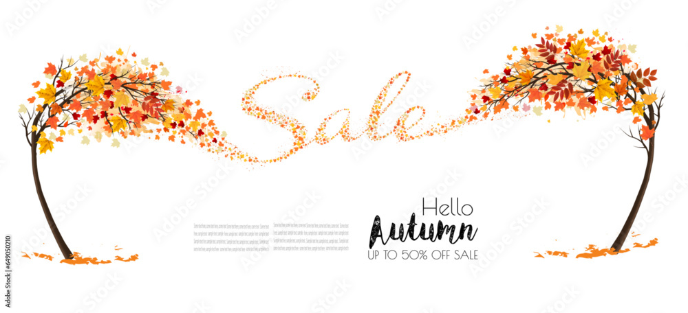 Poster autumn natural background with trees and falling colourful leaves gathered in the shape of the word 