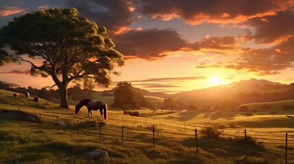 Fototapeta na wymiar A serene pasture with miniature horses grazing under the golden sunset.