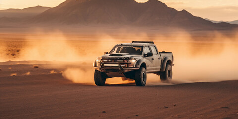 Off - road vehicle racing across a flat desert, dust trail behind, mountains in the distance, action shot