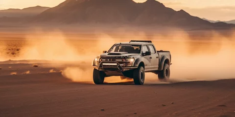 Fototapete Dunkelbraun Off - road vehicle racing across a flat desert, dust trail behind, mountains in the distance, action shot