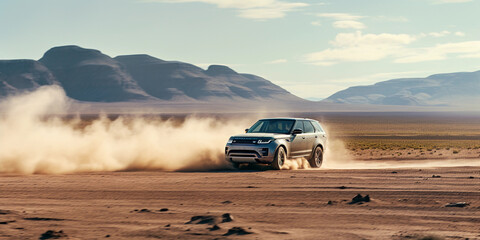 Off - road vehicle racing across a flat desert, dust trail behind, mountains in the distance,...