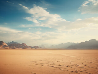Vast desert landscape, mirage effect, heat waves rising from the sandy floor, distant mountains