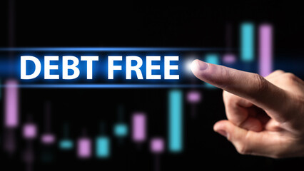 Debt free. Finger near virtual screen. Exemption from loans concept. Neon inscription debt free....