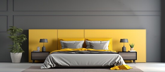 a contemporary bedroom with a double bed closed door and gray and yellow color scheme