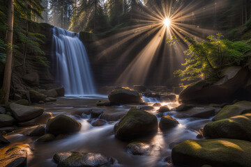 Scenic landscape rays of light on waterfall