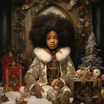 Vintage nostalgic portrait of young black child dressed in fancy Christmas clothes surrounded by presents and holiday decor