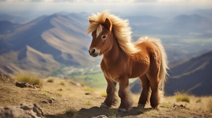 miniature horse with a luxurious mane standing proudly on a hill with a panoramic view. - Powered by Adobe