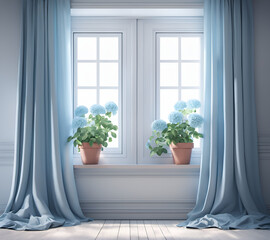 Fototapeta na wymiar Potted plant on the windowsill of a large living room window, design of a bright room in blue tones