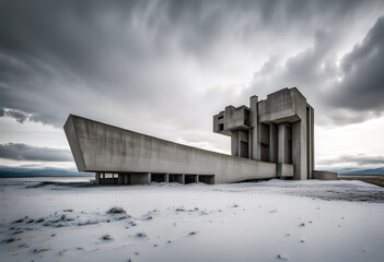 abandoned ruined concrete brutalist building in a snow covered desolate winter landscape - obrazy, fototapety, plakaty