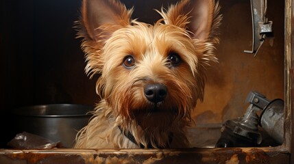 Portrait of a Norwich Terrier with its ears perked up, showing its alertness and curiosity. - obrazy, fototapety, plakaty