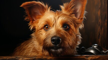 Portrait of a Norwich Terrier with its ears perked up, showing its alertness and curiosity. - obrazy, fototapety, plakaty