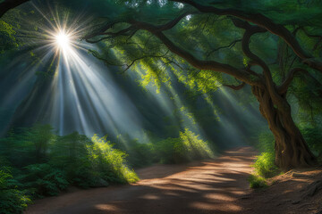 Scenic landscape rays of light over road forest
