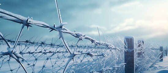 Barbed wire fence in winter Quarantine closure High security detention facility No unauthorized access with copyspace for text