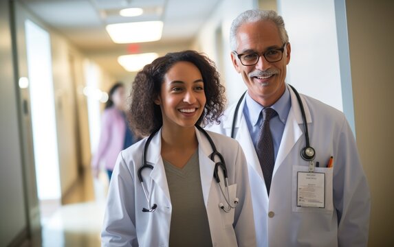 Senior doctor mentoring a junior doctor in a hospital corridor. Generative AI