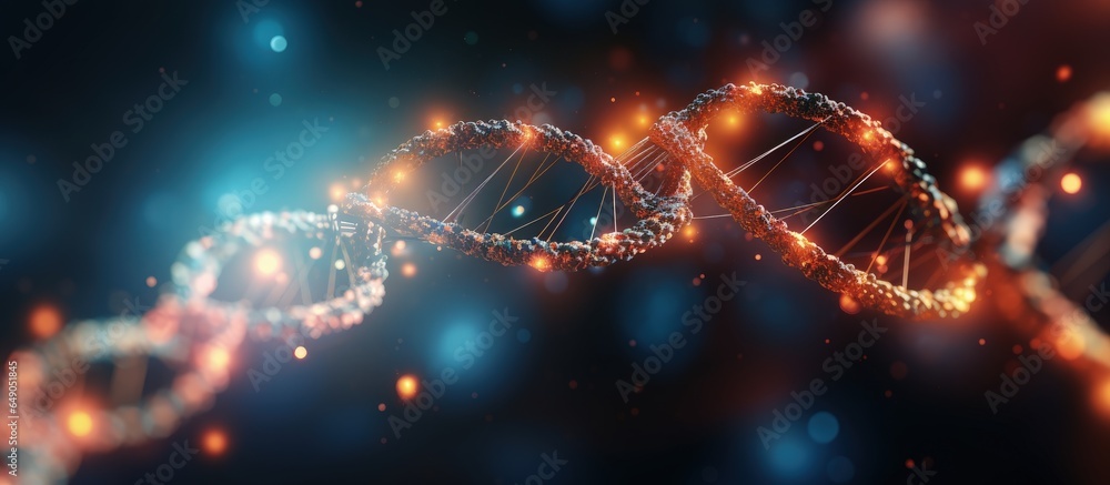 Poster artificial intelligence represented by synthetic dna against a dark backdrop with copyspace for text