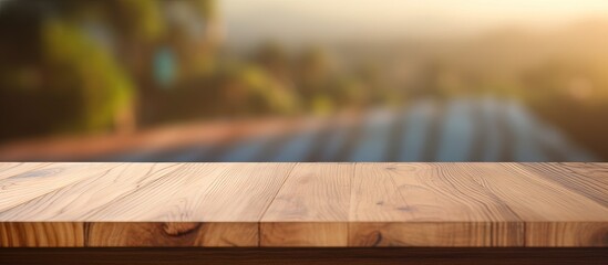 Blurry background of a wooden table in a top close up view