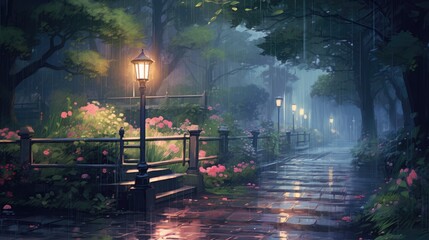 Anime-style illustration of a beautiful park with lush foliage in the rain - obrazy, fototapety, plakaty
