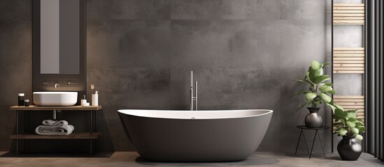 a modern house design with a grey bathroom interior featuring a dark panel partition wooden vanity mirror and concrete floor Adjacent to the bathroom is an oval ceramic bathtub and a modern