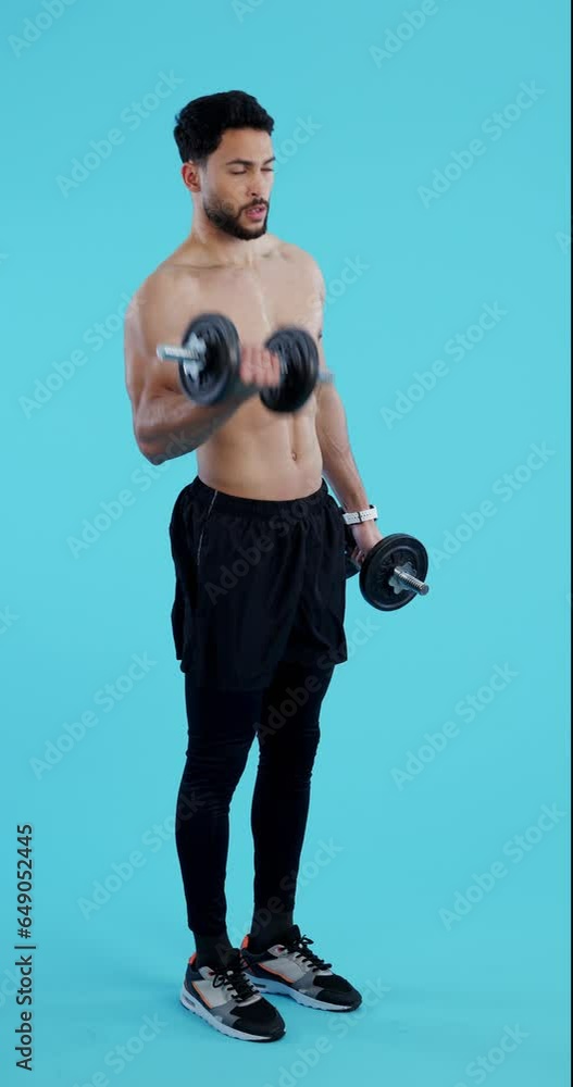 Canvas Prints Dumbbell, workout and man with fitness training and exercise for healthy mindset, body and benefits. Personal trainer, person and athlete on blue background for wellness, muscle and cardio in studio