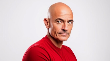 Obraz premium Serious handsome bald and shaved man in front of a light gray background. Banner for advertisement