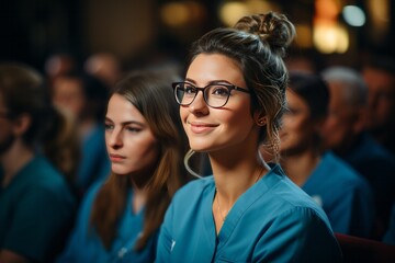 Smiling cheerful nurse doctor sit relax in seminar training class nurse doctor group happiness positive face expression in education class hospital  - 649053031