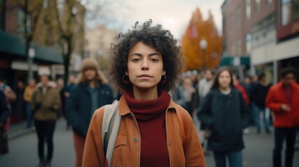 Standing tall is a Latinx lesbian woman in her mid20s, her short, curly hair framing a visage of quiet defiance. Clad in a flannel shirt, her seasoned hands bear the numerous protest signs, - obrazy, fototapety, plakaty