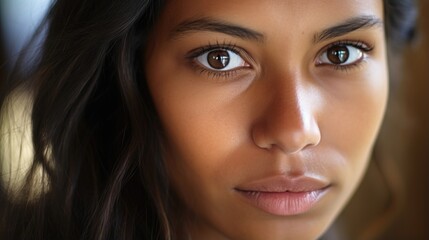 Obraz premium A social worker in her early 30s provides support for abused indigenous women. Her soft eyes speak of empathy and silent strength. She carries a sense of determination and solidity, which