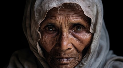 An elderly Rohingya woman in her traditional attire, her face bears the telltale signs of age and strife together. Her tired eyes, however, burn bright with an unwavering hope, symbolic
