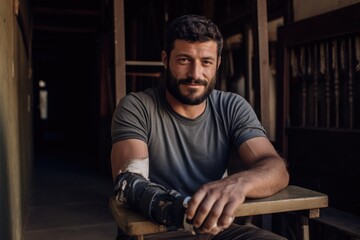 A man in his 30s wears a prosthetic arm. He sports a neatly trimmed beard and a determined gaze. He tirelessly promotes sports inclusion for amputees in local communities, inspiring many