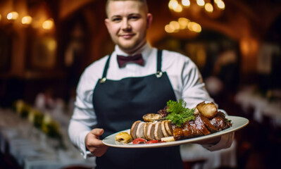 Waiter carrying plate with meat dish at restaurant