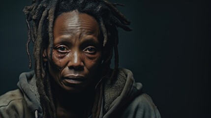 A lady in her late forties, her skin richly melaninkissed, her dreadlocks falling over her shoulders. Her eyes are full of empathy and concern, reflecting her dedication towards homelessness