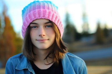 A transgender teen wearing a beanie with the pink, blue, and white pride flag stitched on. Their eyes are full of hope and resolve, ready to take on the reins of advocacy and strive for