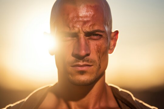 A man in his midthirties with a shaved head, donning a face full of righteous anger and determination. His caramel skin glistening under the sun, with perspiration as symbolic proof of his