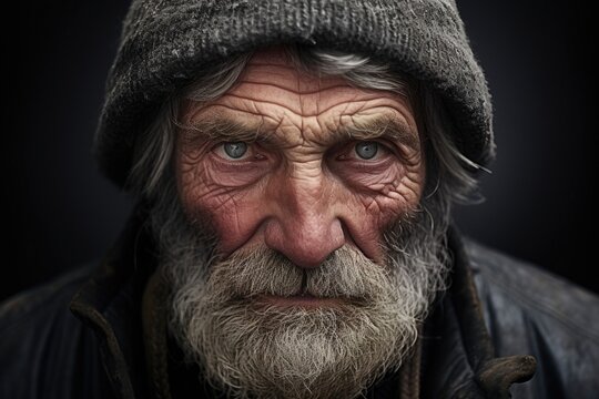 A man with a rugged countenance, showing signs of premature aging due to excessive exposure to harsh weather conditions. His furrowed brow hinting at the struggles he has faced in his life.