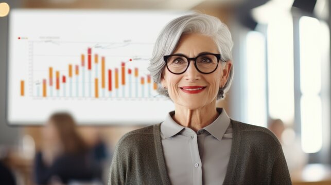 An Older Woman In A Classroom Filled With Charts And Graphs Representing Gender Wage Gaps And Social Womens Issues. She Educates A New Generation With Patience And Wisdom, Shaping Young