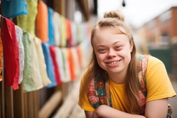 A young woman, born with Downs Syndrome, uses her natural charm to break down walls of prejudice, advocating for equal treatment, and disability rights. Her optimistic outlook on life and - obrazy, fototapety, plakaty