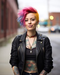 A mid40s LGBT activist advocating for the right of everyone, regardless of ual orientation or identity, to access healthcare, including abortion and contraception. Their brightcolored hair - obrazy, fototapety, plakaty