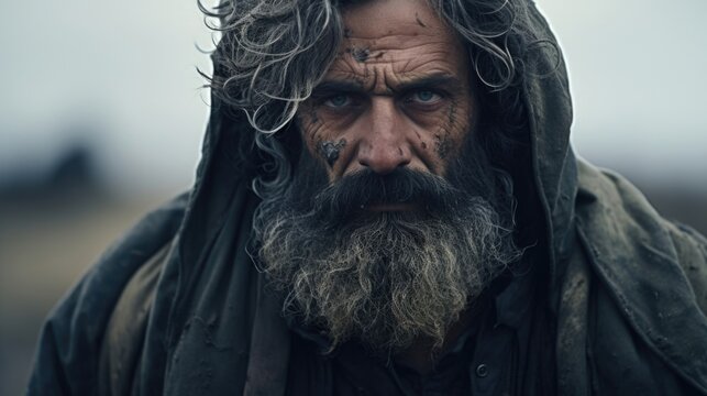 A middleaged man gazes straight ahead with the intensity and resilience of someone whos seen the harsh realities of war. His grizzled beard and hair suggest years of hardship, but his unwavering