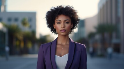 A smartly dressed black woman in a purple suit jacket exudes confidence. Her determination to fight against racial inequality at the grassroot level is evident in her assertive demeanor. - obrazy, fototapety, plakaty