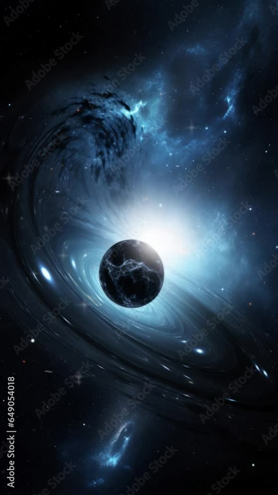 Wall mural vertical video black hole planet with galaxy panorama, abstract cosmic space background, artistic 3d